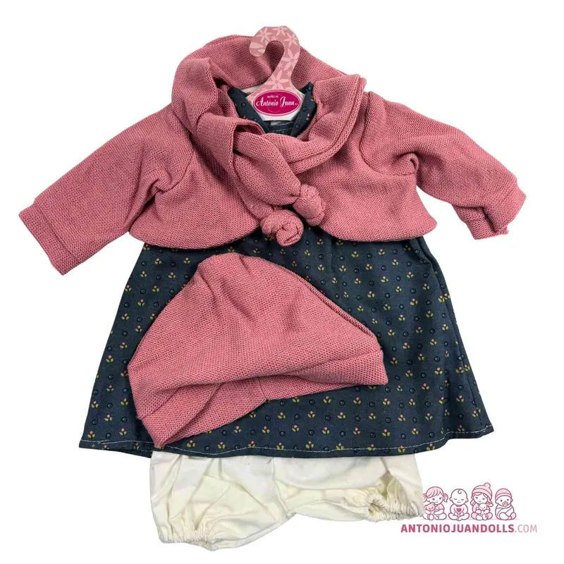 Conjunto Vestido Flores Azul Chaqueta Rosa con Toquilla 52cm - Ropa Muñeca Antonio Juan (91152-3)