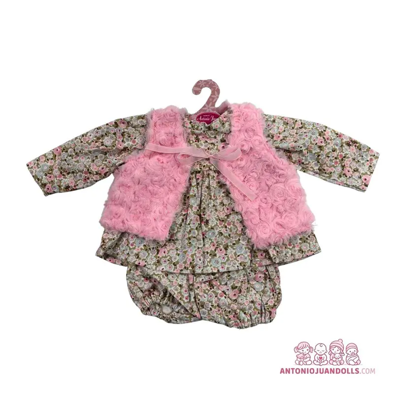 Conjunto Vestido Flores Chaleco Rosa Pelo Textura Rosas 52cm - Ropa Muñeca Antonio Juan (91152-14)