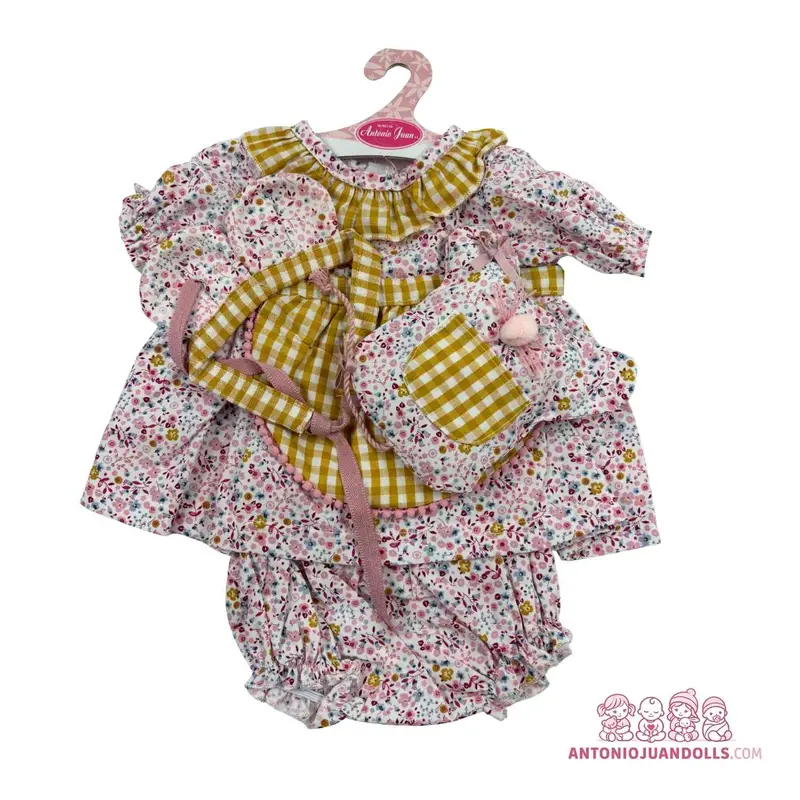 Conjunto Vestido Flores Delantal Vichy Mostaza Bolsito 52cm - Ropa Muñeca Antonio Juan (91152-12)