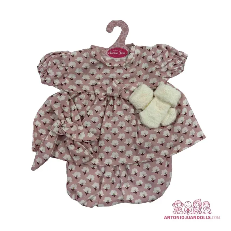 Conjunto Vestido Flores Rosa Manoplas Blancas 52cm - Ropa Muñeca Antonio Juan (91152-10)