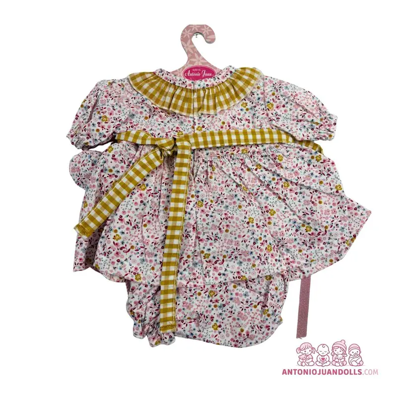 Conjunto Vestido Flores Vichy Mostaza 52cm - Ropa Muñeca Antonio Juan (91152-7)