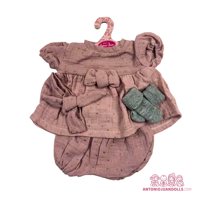 Conjunto Vestido Granate Lunares Dorados con Manoplas 52cm - Ropa Muñeca Antonio Juan (91152-2)