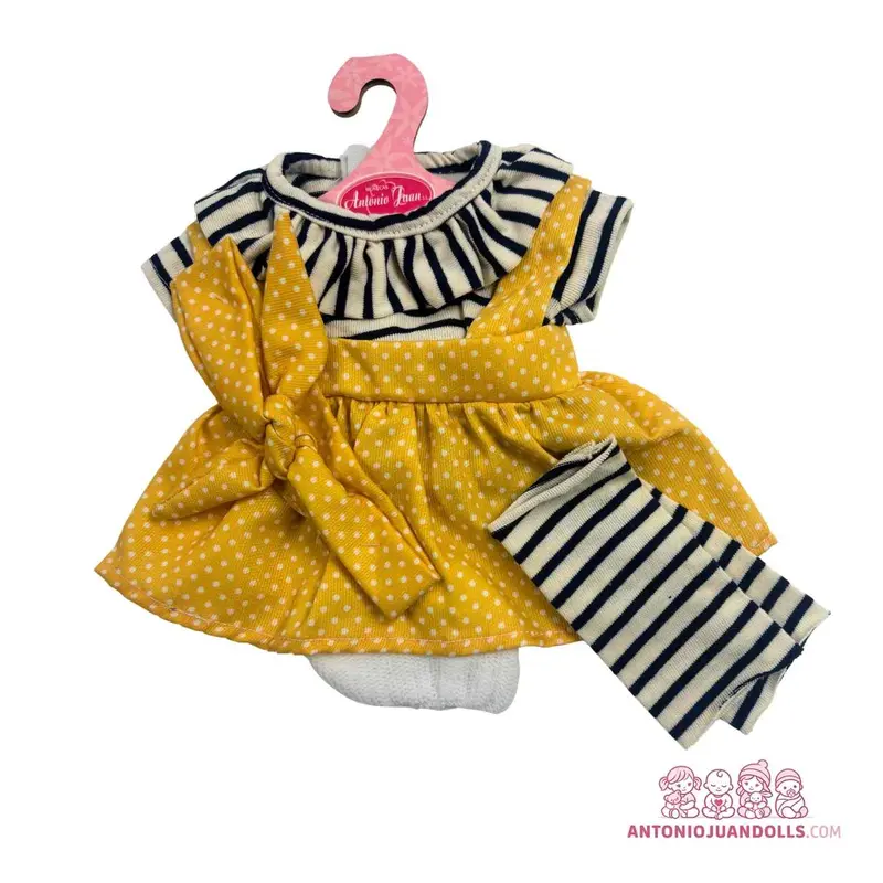 Conjunto Vestido Mostaza Topitos Ranita Rayas 45cm - Ropa Muñeca Antonio Juan (91045-1)