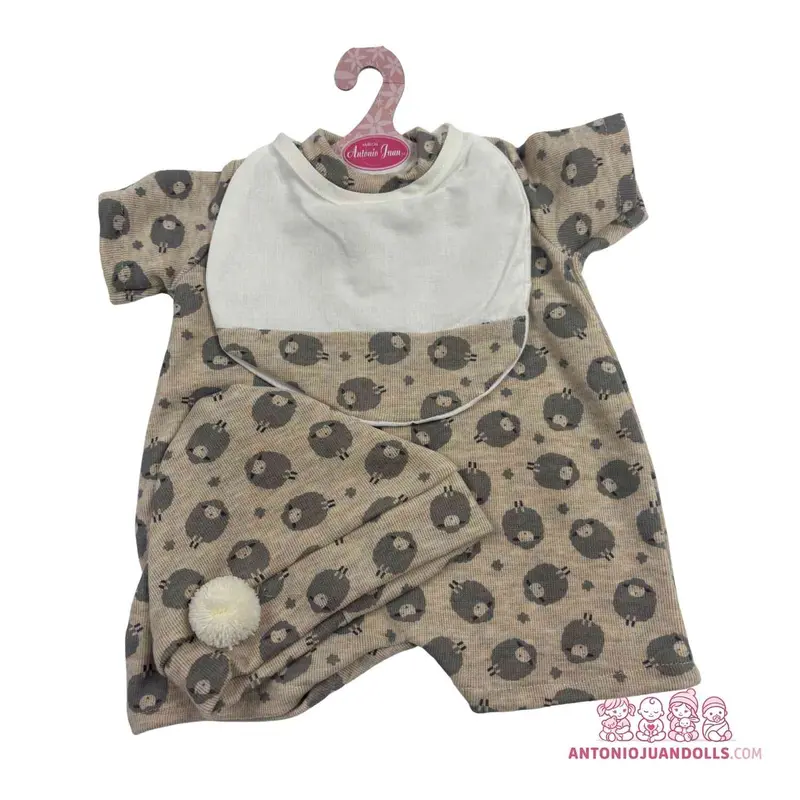 Conjunto Vestido Ovejitas Babero Gorro Pompón 52cm - Ropa Muñeca Antonio Juan (91152-24)