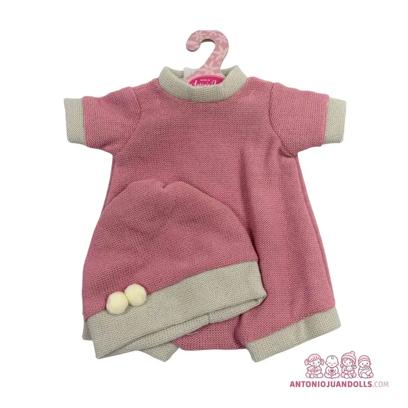 Conjunto Vestido Punto Rosa Gorro Pompones 42cm - Ropa Muñeca Antonio Juan (91042-11)