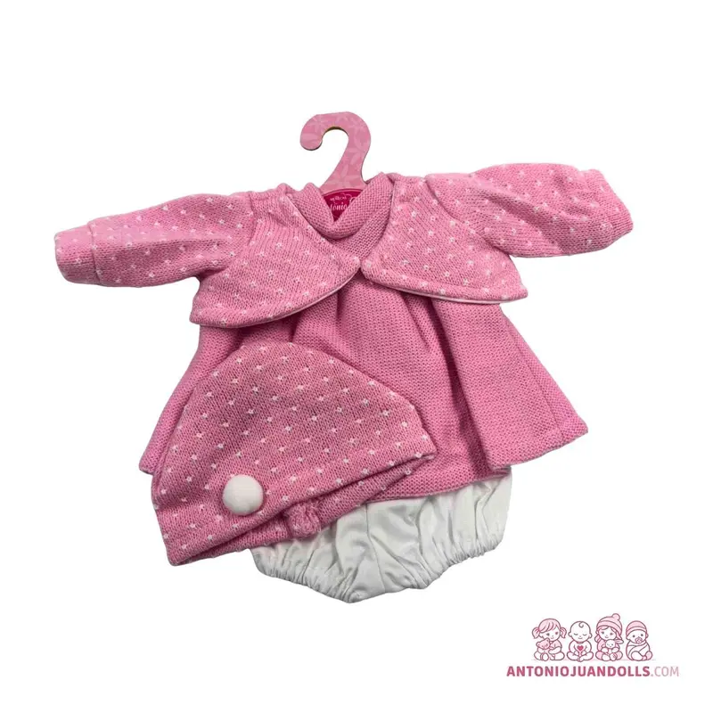 Conjunto Vestido Rosa Punto Cuello Volante Pompón 33cm - Ropa Muñeca Antonio Juan (91033-10)