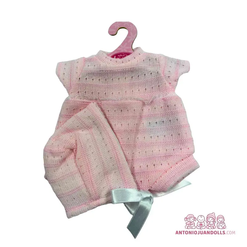 Conjunto Vestido Rosa Punto Gorro Lazo Verde 33cm - Ropa Muñeca Antonio Juan (91033-8)