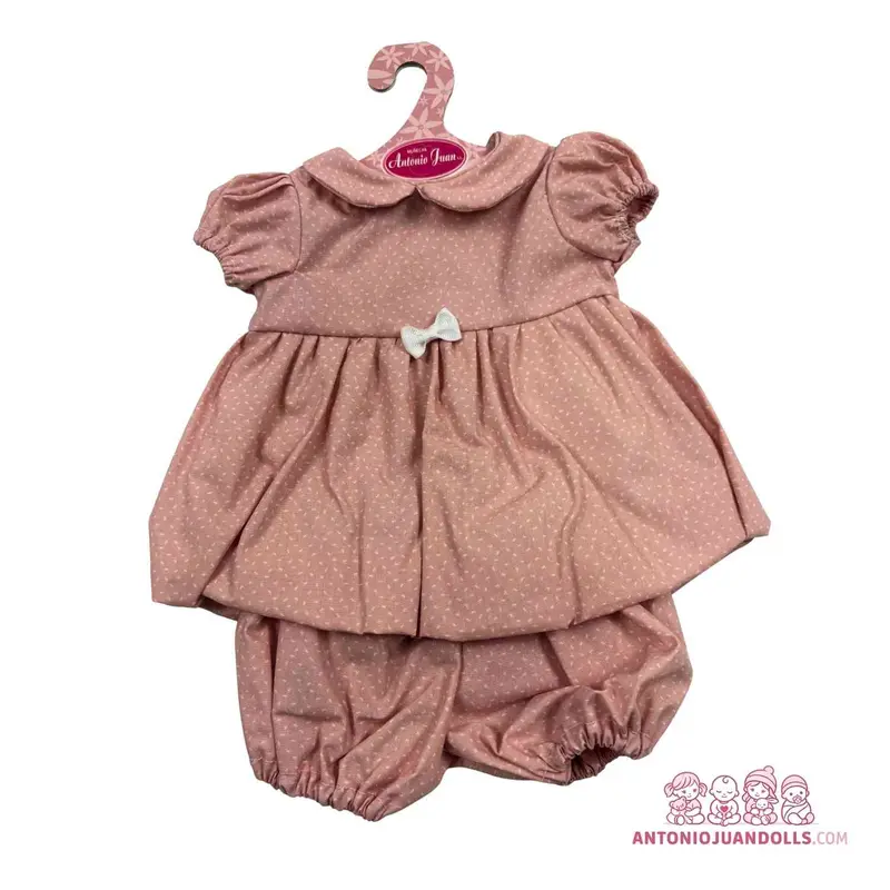 Conjunto Vestido Rosa Topitos Beige Bombacho 42cm - Ropa Muñeca Antonio Juan (91042-30)