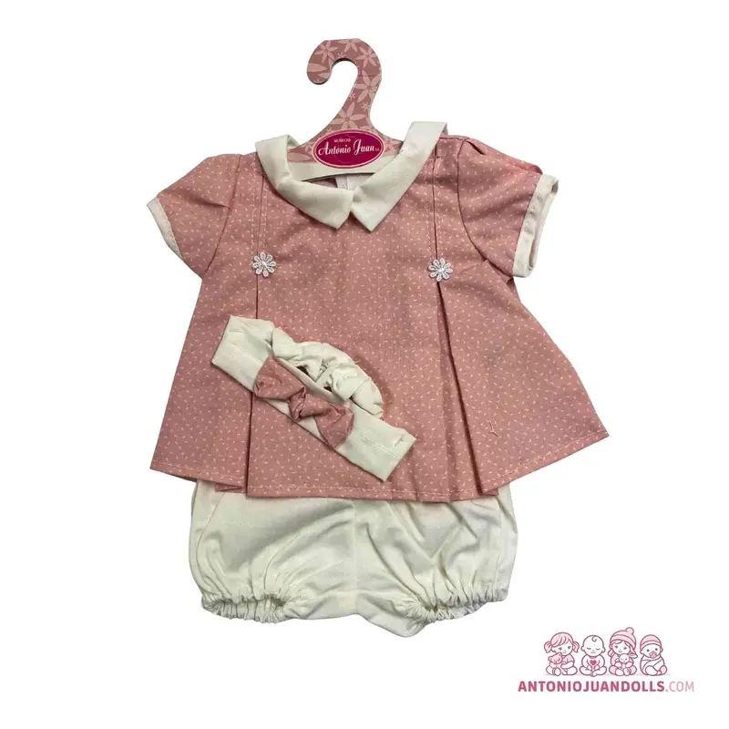 Conjunto Vestido Rosa Topitos Braguita Diadema 42cm - Ropa Muñeca Antonio Juan (91042-49)