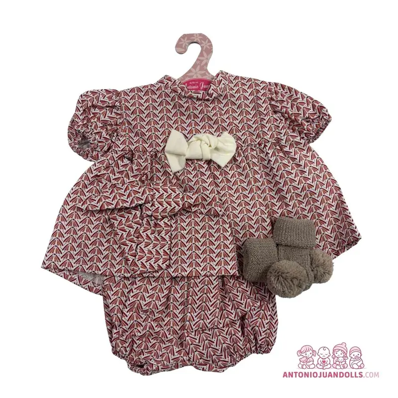 Conjunto Vestido Zigzag Burdeos Calcetines Pompones 52cm - Ropa Muñeca Antonio Juan (91152-15)