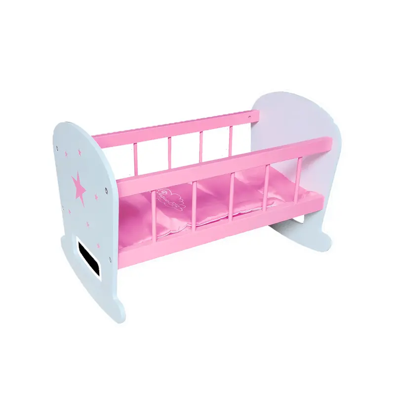 Cuna de Madera Fantasía Rosa y Blanca 48,5x30x33cm - Mecedora para Muñecas hasta 45cm (CUNA-PQBB)