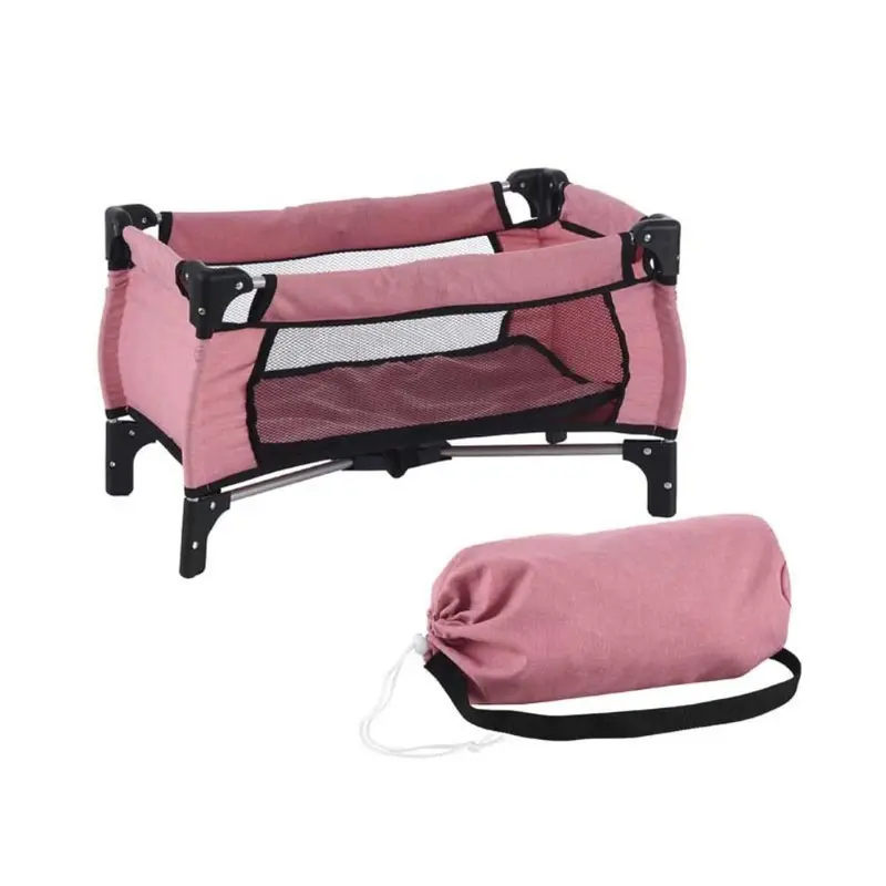 Cuna desmontable rosa y negra para muñecas