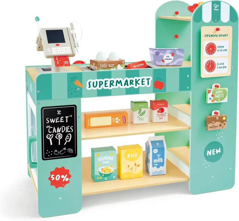 Hape E3233 Supermercado Infantil de Madera, Escáner, Cinta Transportadora y +50 Accesorios desde 3 Años