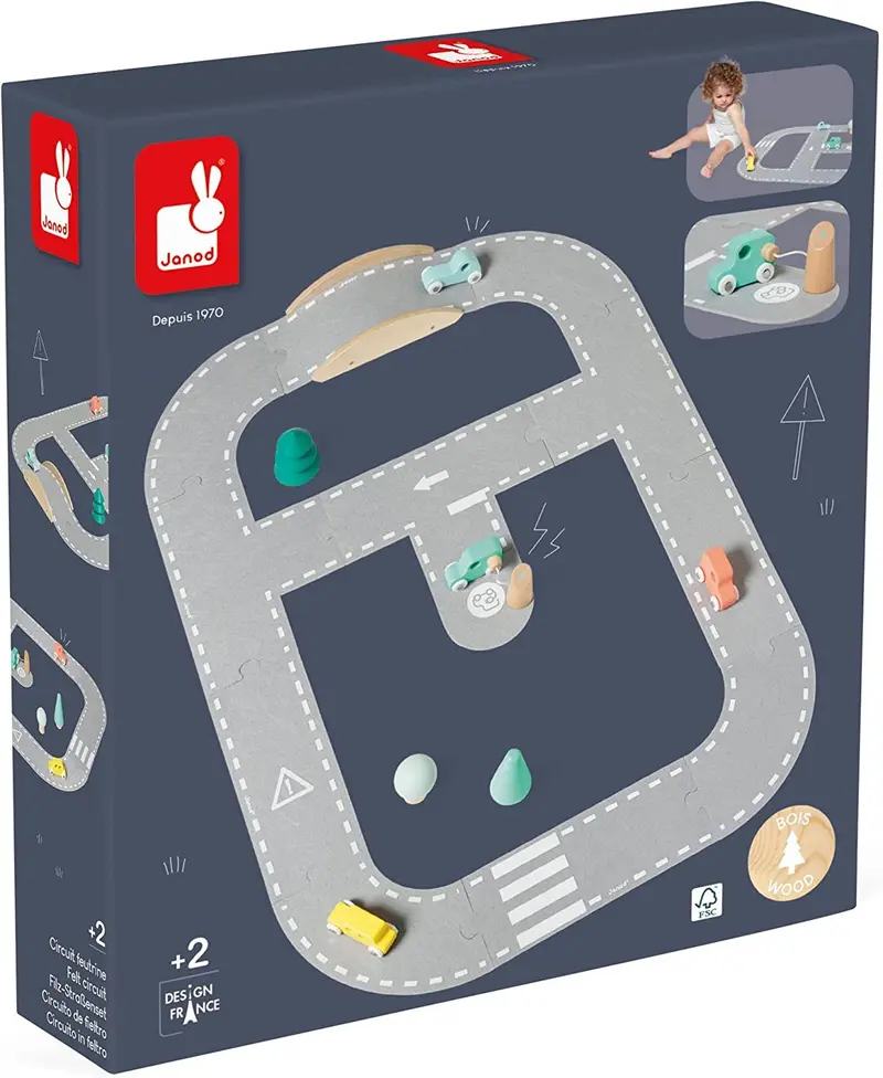 Janod Bólido Madera FSC-Juguete Primera Infancia-Circuito Fieltro + 4 Coches + 5 Accesorios-A Partir De 2 Años, J04631