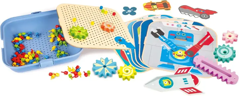 Juego de Construcción y Engranajes Hape E1065 | 123 Piezas STEM