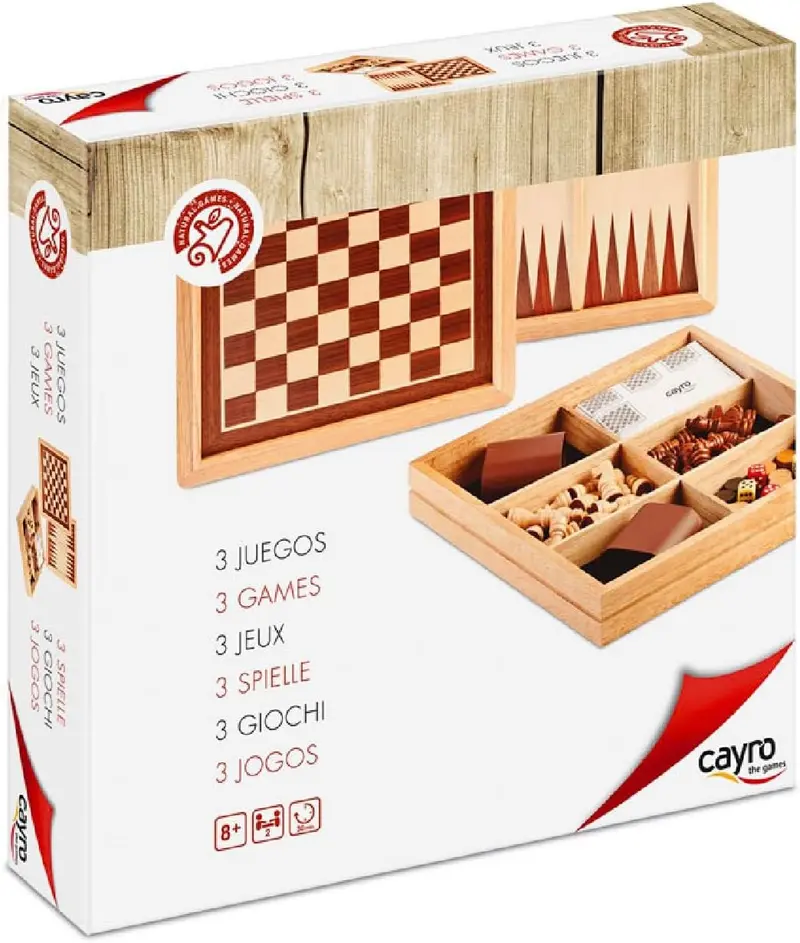 Juego de mesa 3 en 1 Damas - Ajedrez y Backgammon Marquetería - Caryro 603