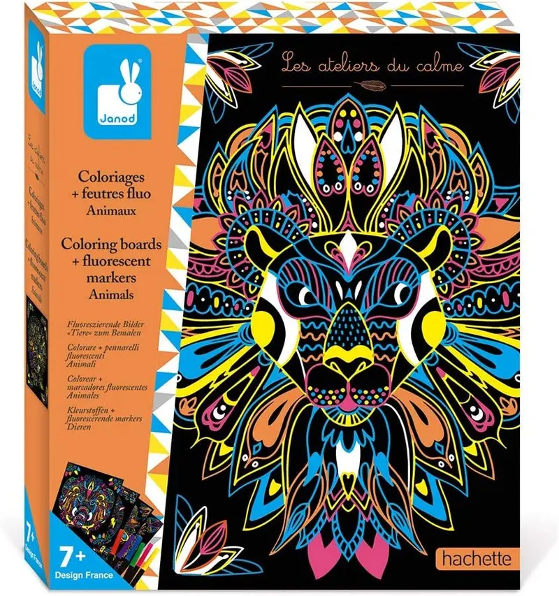 Kit creativo colorear mandalas y rotuladores fluorescentes animales - Janod J07949