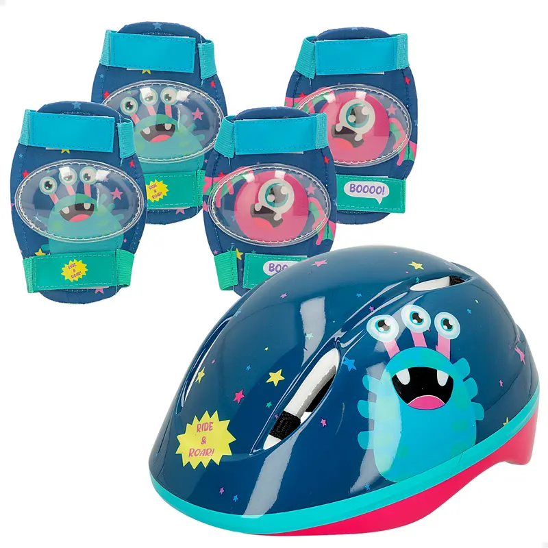 Kit protecciones patinaje infantil con casco, rodilleras y coderas de monstruos CB Riders