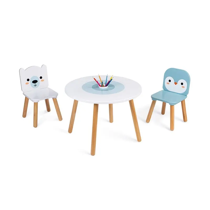Mesa infantil redonda con portalápices extraible |silla de oso polar y pingüino - janod j09650