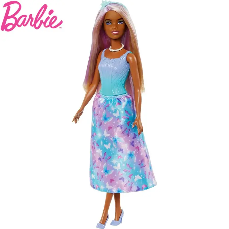 Muñeca Barbie princesa falda violeta piel morena Dreamtopia