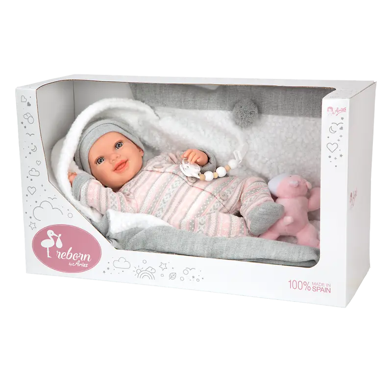Muñeca Bebe Reborn 40 cm Nadia Rosa con Manta y Peluche - Arias 98184
