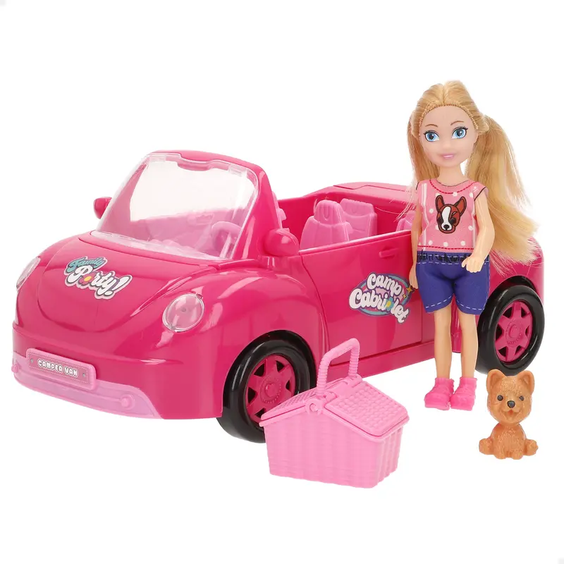 Muñeca con coche descapotable, perro y accesorios Bella