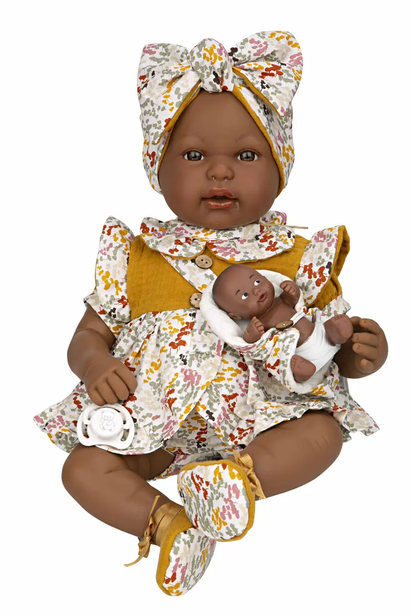 Muñeca Elegance 45 cm Mies y Aran Mostaza | Muñeca Africana con Bebé Arias 65370