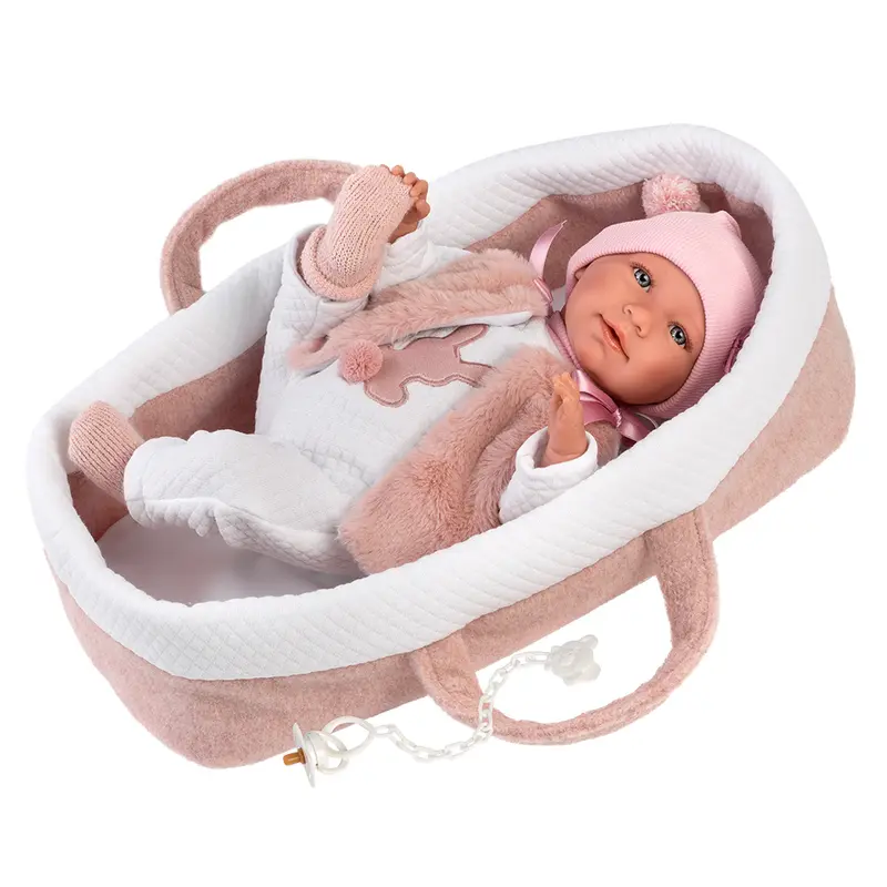 Muñeco Llorens que llora 42 cm - Recién Nacidos con sonidos de bebé - Bebé Mimi con Capazo Rosa