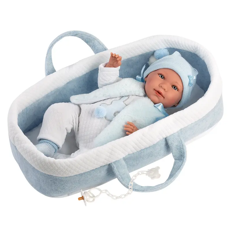 Muñeco Llorens que llora 42 cm - Recién Nacidos con sonidos de bebé - Bebé Mimo con Capazo Celeste