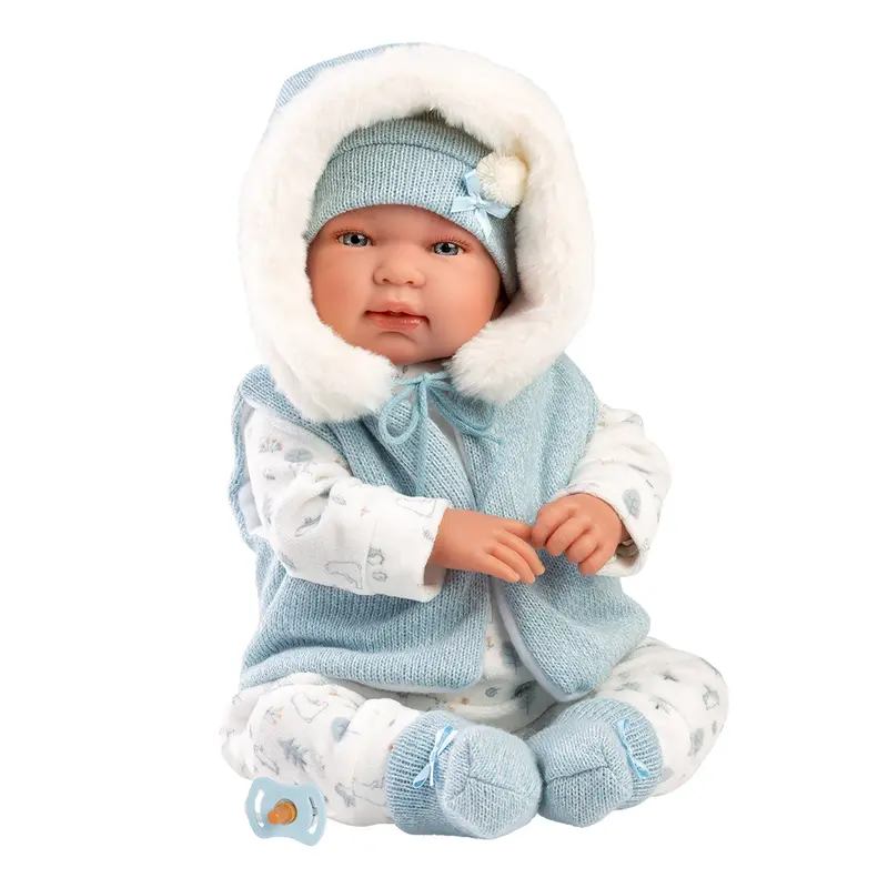 Muñeco Llorens que llora 44 cm - Recién Nacidos con sonidos de bebé – Tino llorón con capucha azul