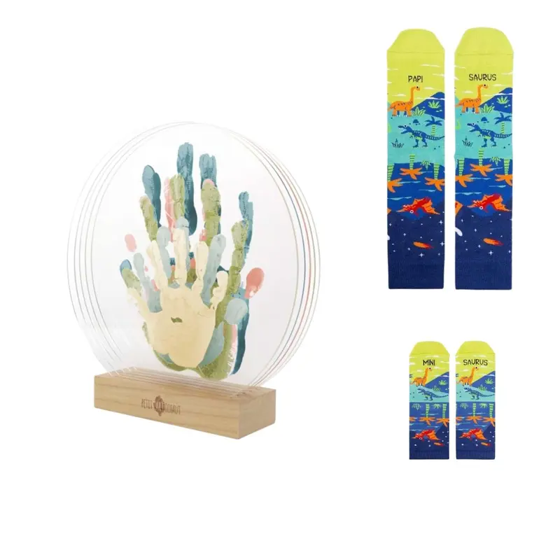 Pack familia Marco Transparente de Huellas de Colores + Calcetines Papi saurus + Calcetines infantiles Mini Saurus
