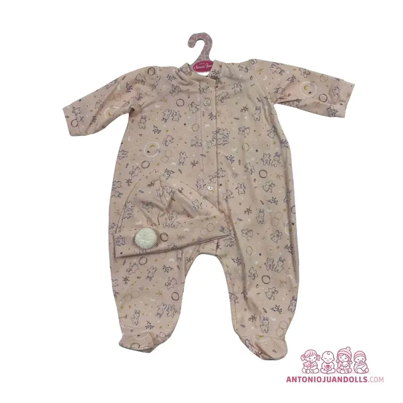 Pelele Beige Ositos Estrellas Pompón 52cm - Ropa Muñeca Antonio Juan (91152-30)