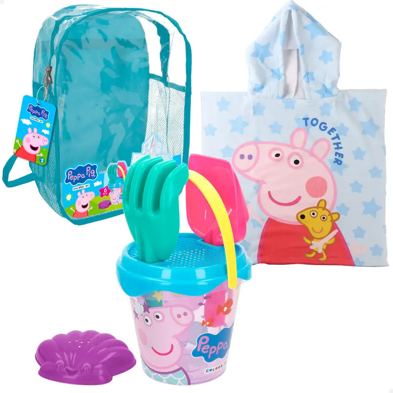 Peppa Pig Set cubo de playa con poncho, accesorios y mochila