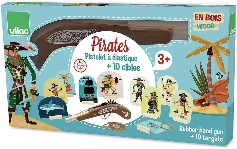 Pistola de Madera Piratas Vilac | Con Gomas y Dianas | +3 Años