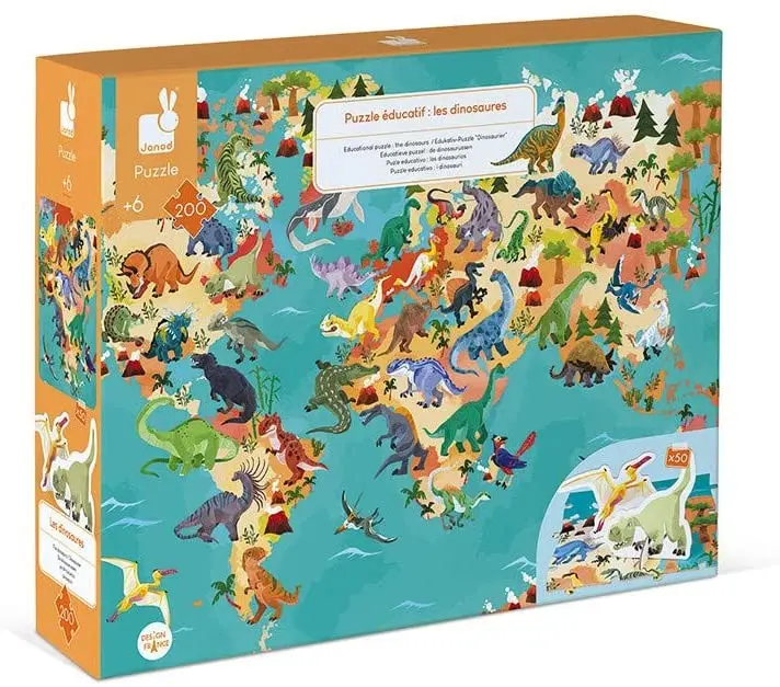 Puzle educativo dinosaurios 200 piezas y 50 figuritas - janod j02679