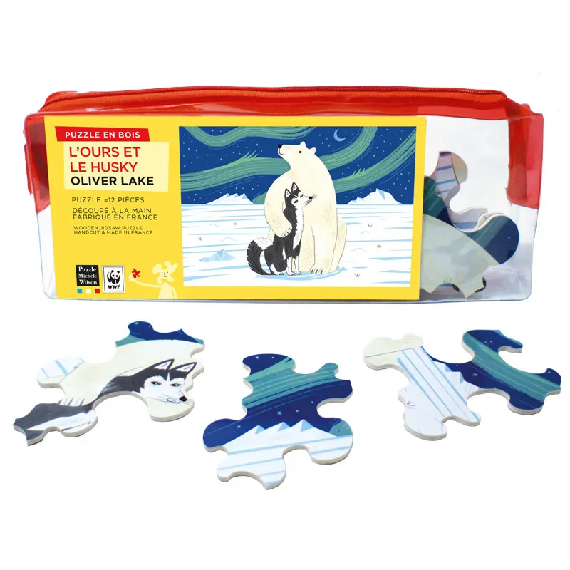 Puzzle de madera Michèle Wilson. Oso y Husky. LAKE 12 piezas