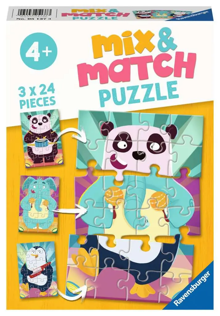 Puzzles Ravensburger Mix & Match. Animales Musicales. 3x24 piezas