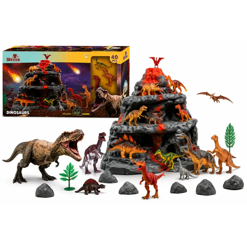 Set de Dinosaurios con Volcán 40 Piezas | Juego Prehistórico con Figuras y Accesorios