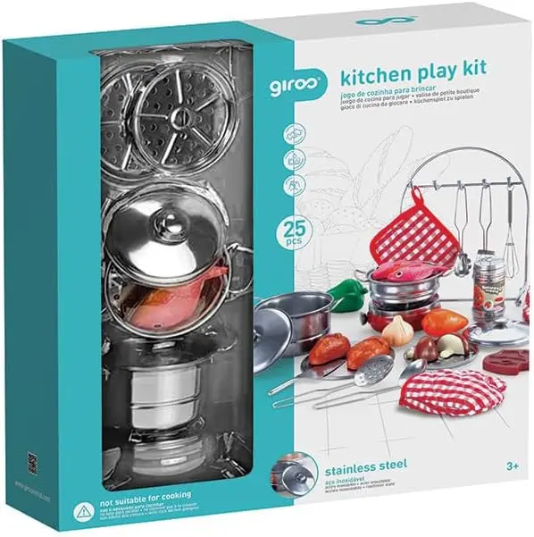 Set Utensilios de Cocina Metal 25 Accesorios Giros – Juego Imitación +3 años