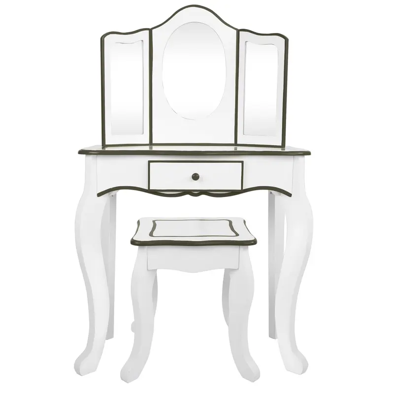 Teamson Tocador de madera blanco y gris con taburete