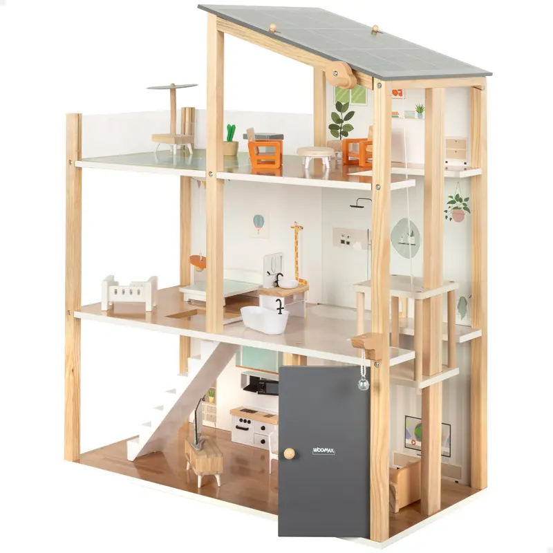 WOOMAX Casa de muñecas de madera 3 plantas con accesorios