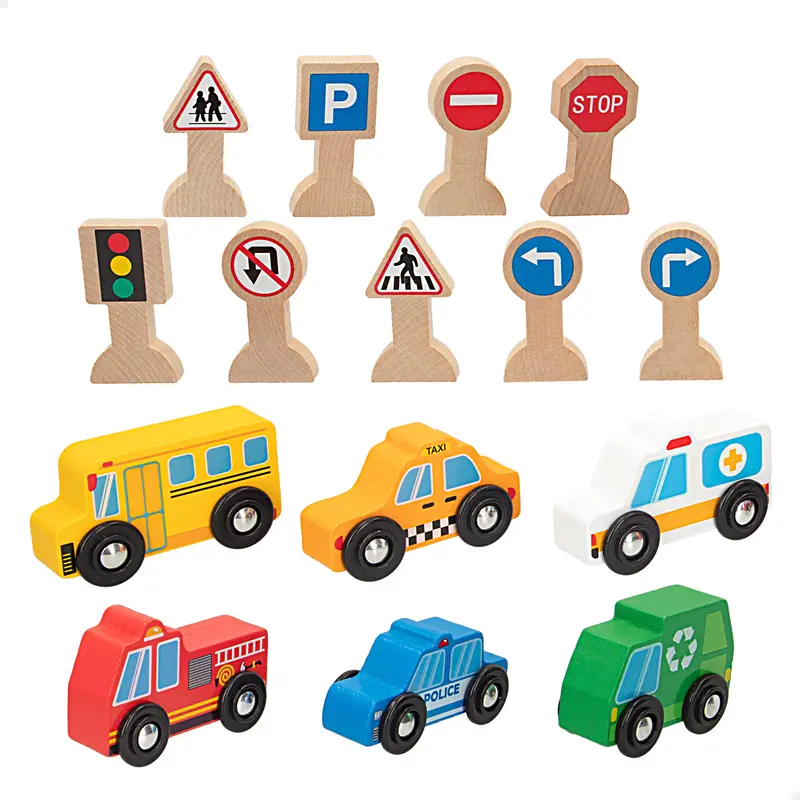 WOOMAX Set 6 vehículos y 9 señales de tráfico de madera